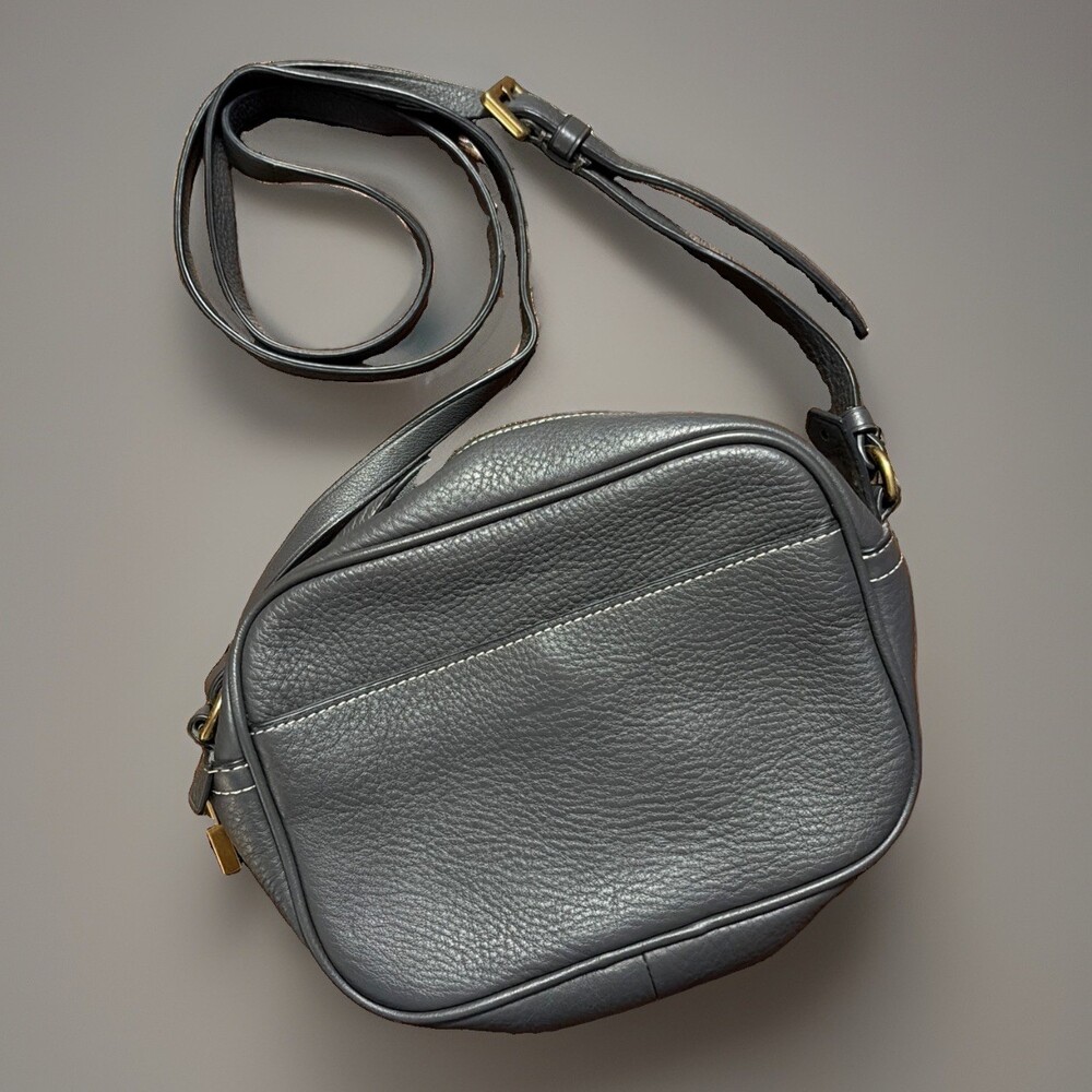 J.Crew Gray Pebbled Leather Crossbody Camera Bag Shoulder Purse Brass Hardware
